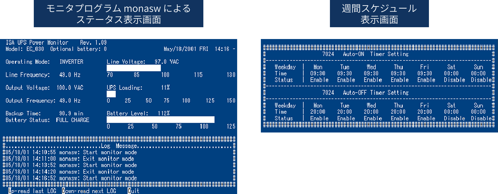 EC7020ユーティリティ ステータス表示画面・週間スケジュール表示画面