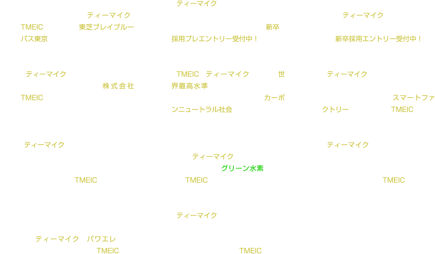 1月:OneTeamでカーボンニュートラル実現にトライするティーマイク。TMEICは、今年も東芝ブレイブルーパス東京を応援しています！ 2月:ティーマイクは、再エネ・省エネおよび水素活用による産業・社会のエネルギー変革に挑戦します。新卒採用プレエントリー受付中！3月:パワエレ＆回転機技術で水素社会を支えるティーマイク。水素をつくる、ためる、つかうソリューションを提供。新卒採用エントリー受付中！