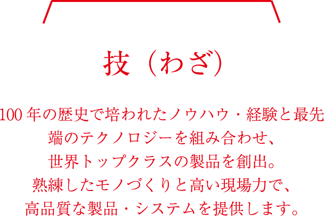 技（わざ） 100年の歴史で培われたノウハウ・経験と最先端のテクノロジーを組み合わせ、世界トップクラスの製品を創出。熟練したモノづくりと高い現場力で、高品質な製品を提供します。